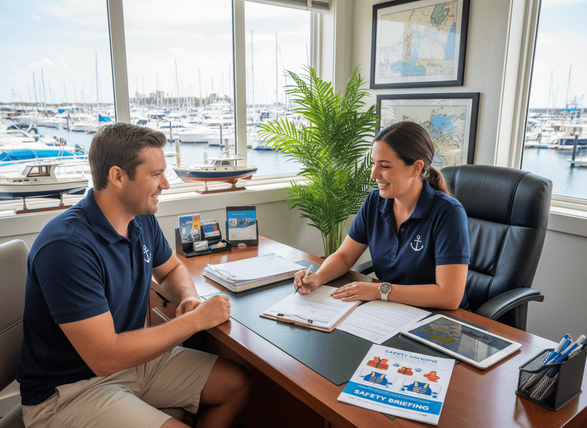 Reviewing Boat Hire Agreement and Safety Briefing